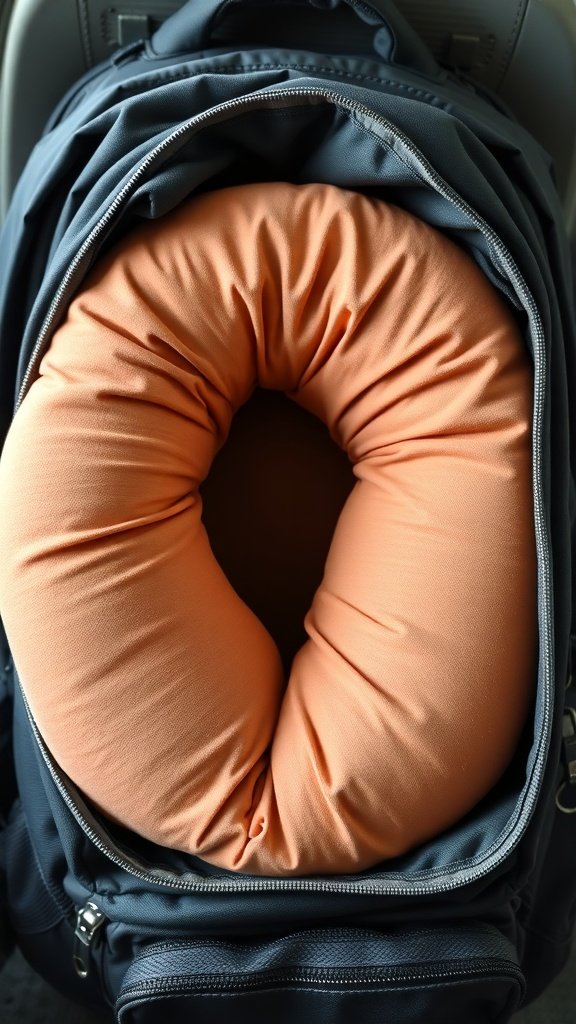 A travel pillow neatly stored inside a backpack.