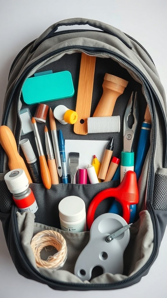 A backpack filled with various craft supplies including markers, scissors, and glue.