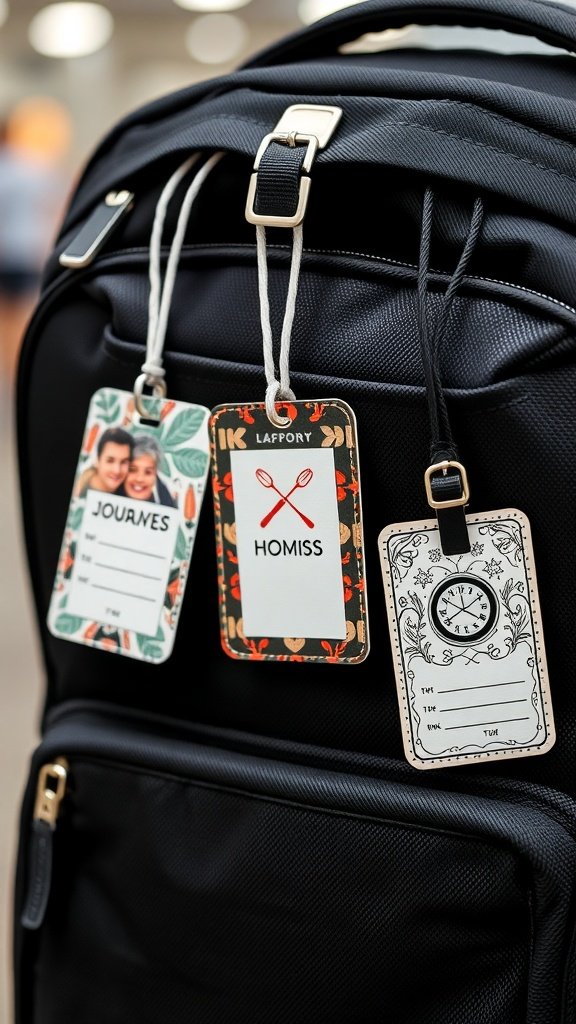 Personalized luggage tags attached to a black backpack.