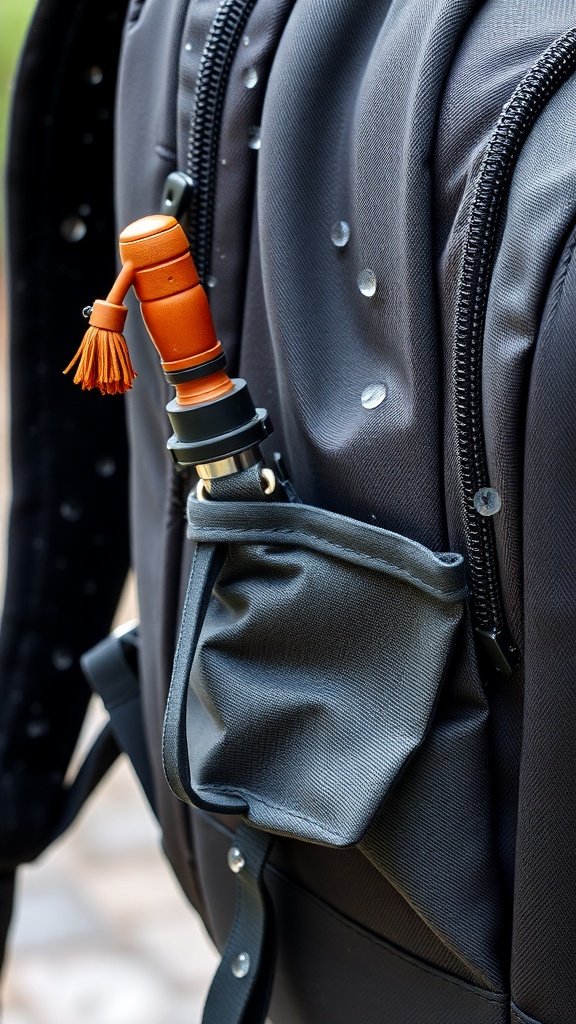 A close-up of a backpack with a small pocket holding an umbrella.