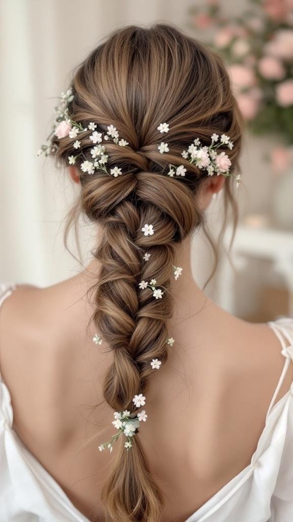 A beautiful fishtail braid updo adorned with small flowers.