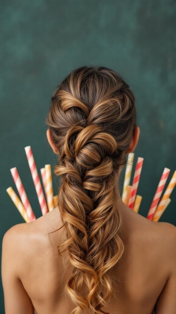 A woman with spiral curls created using straws, showcasing a creative heatless curling method.