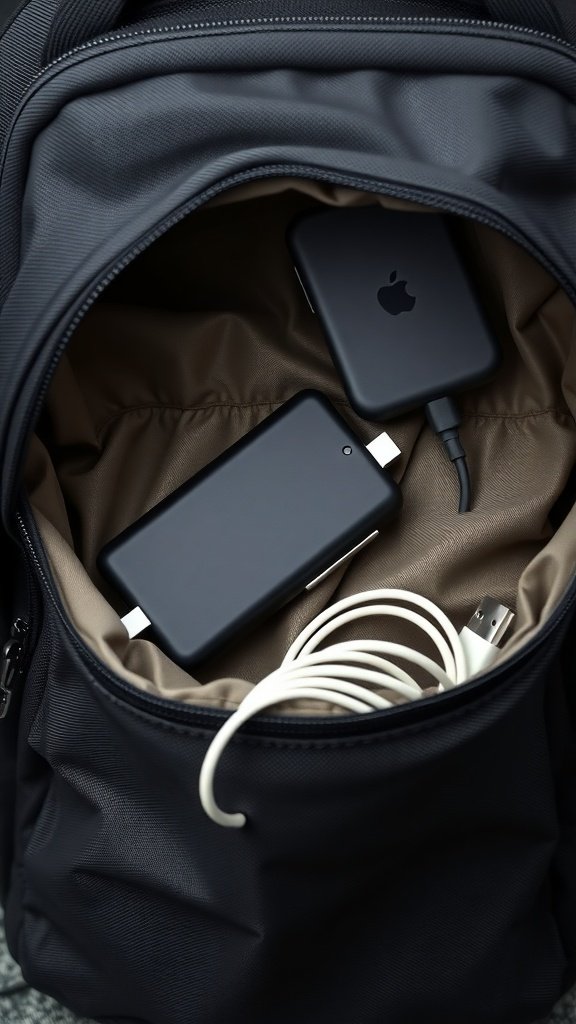 A portable charger and cables neatly stored inside a backpack.