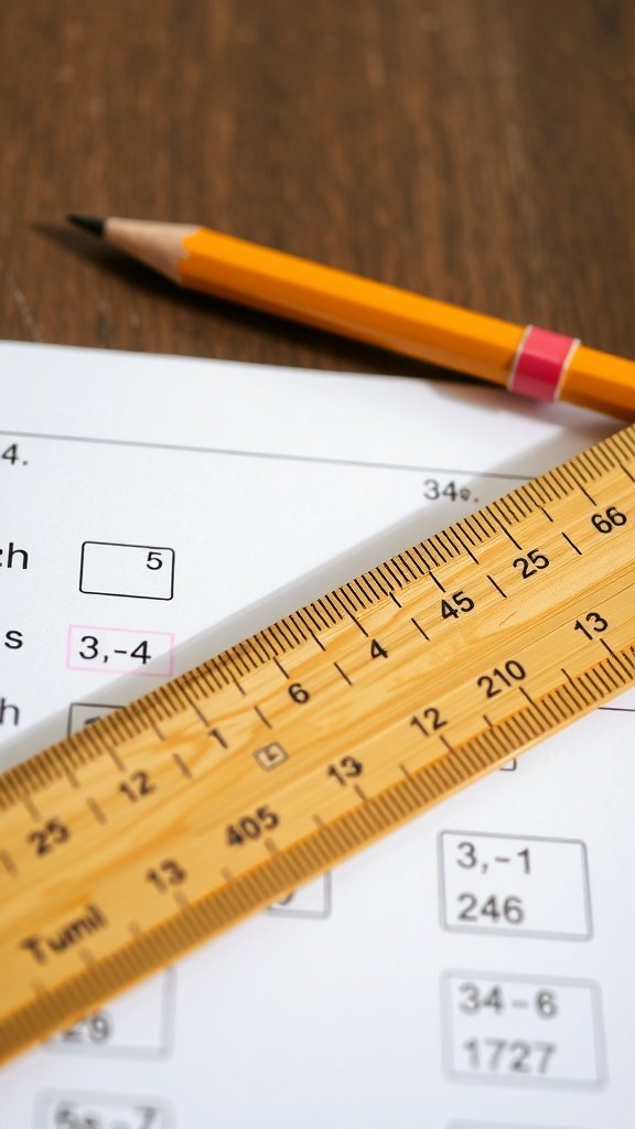 A bamboo ruler placed on a sheet of paper with math problems and a pencil.