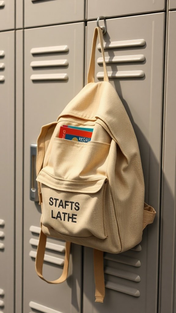 A beige organic cotton backpack hanging on a locker.