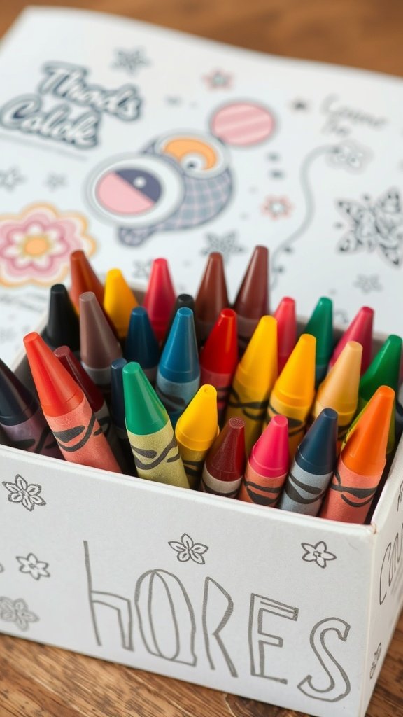 A box of colorful recycled crayons