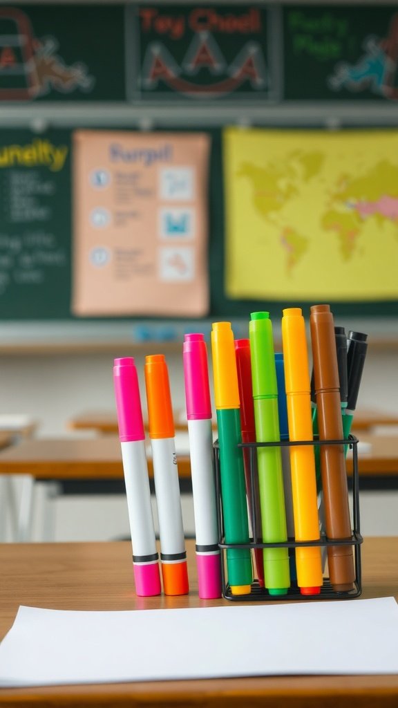 A collection of eco-friendly markers in various colors on a classroom desk.