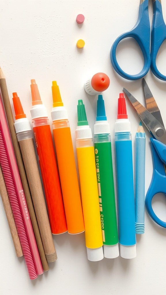 A variety of colorful school supplies including glue sticks, scissors, and markers.