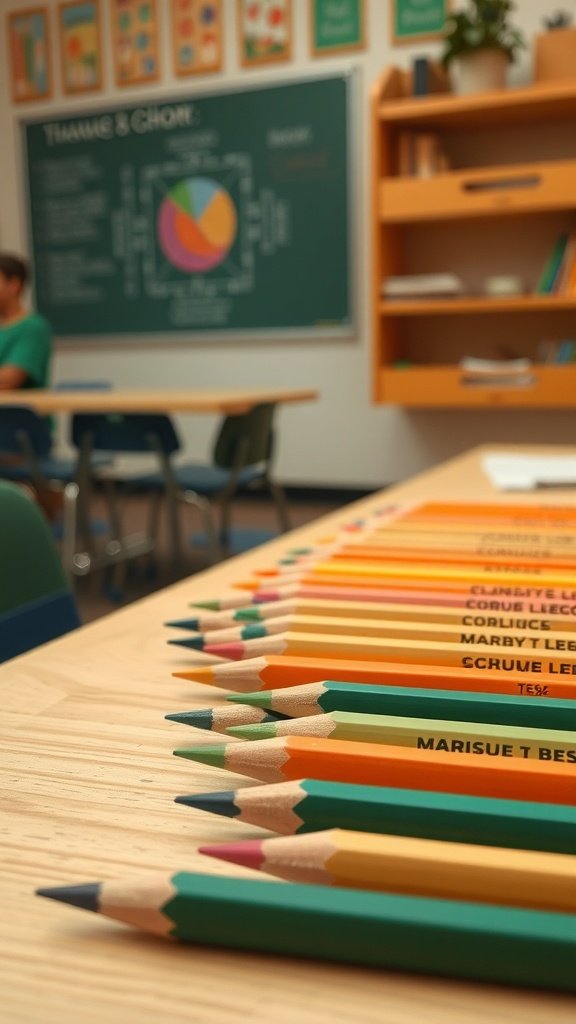 A collection of colorful biodegradable pencils arranged on a wooden table in a classroom setting.
