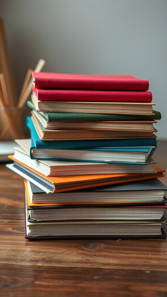 A stack of colorful recycled paper notebooks on a wooden table.