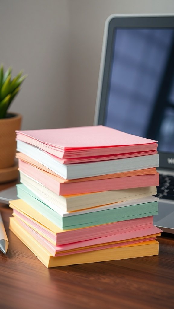 A stack of colorful sticky notes on a desk next to a laptop.