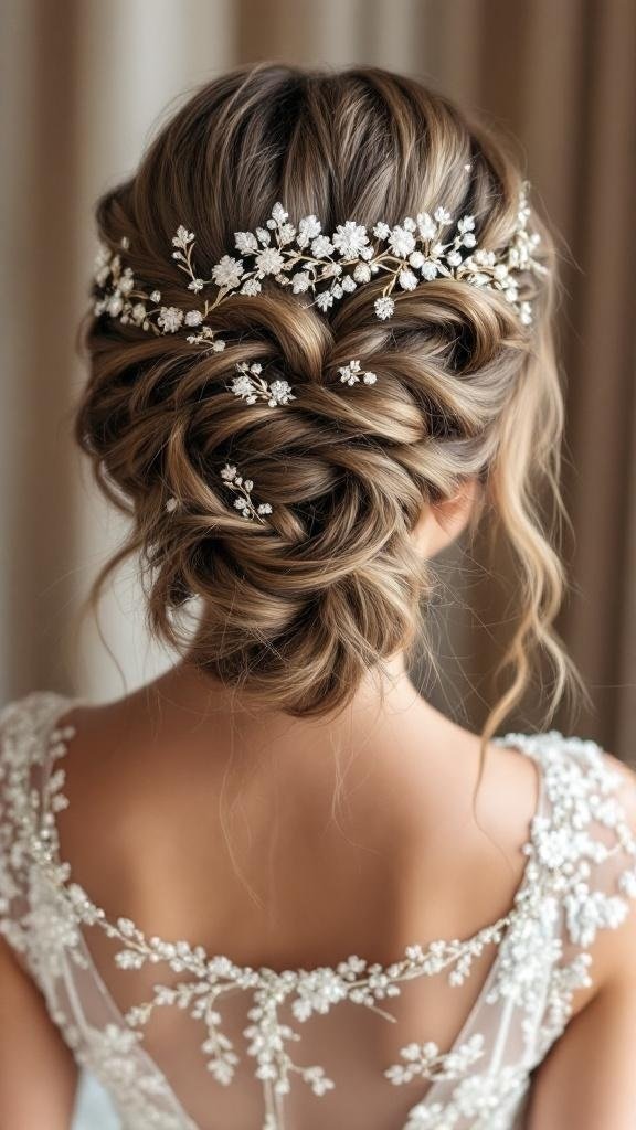 A beautiful crown braid hairstyle adorned with floral hair accessories.
