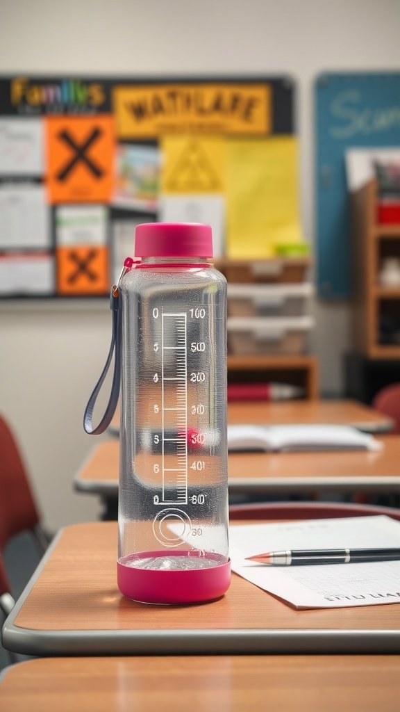 A clear reusable water bottle with a pink lid on a school desk.