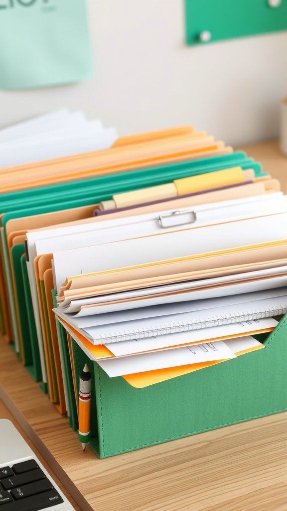 A collection of eco-friendly folders in various colors, neatly organized on a desk.