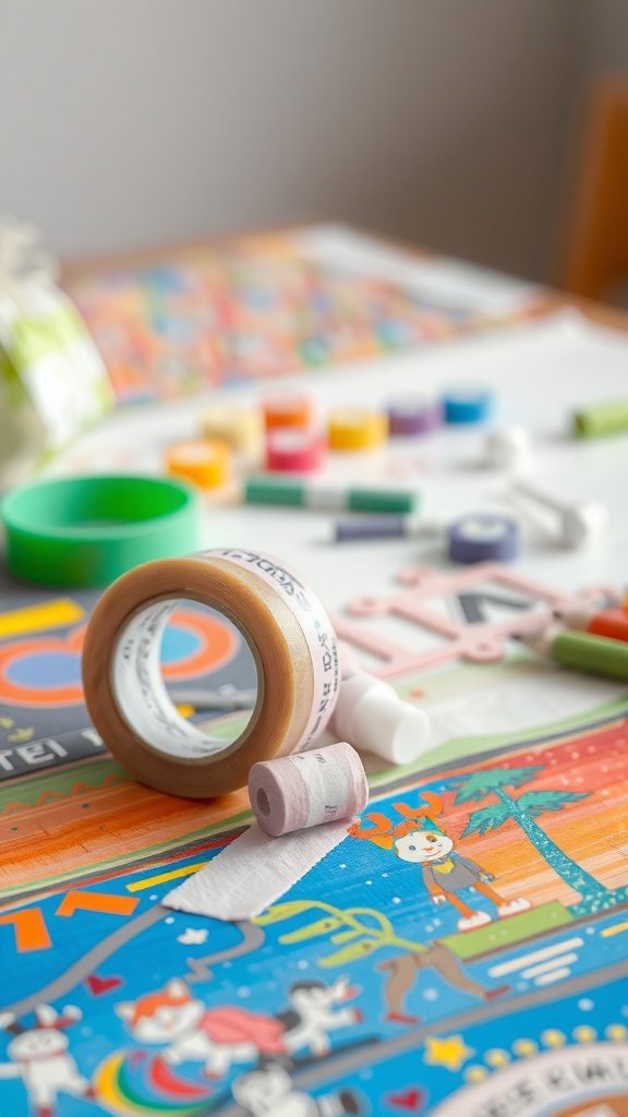A roll of biodegradable tape on a colorful art project with various school supplies.