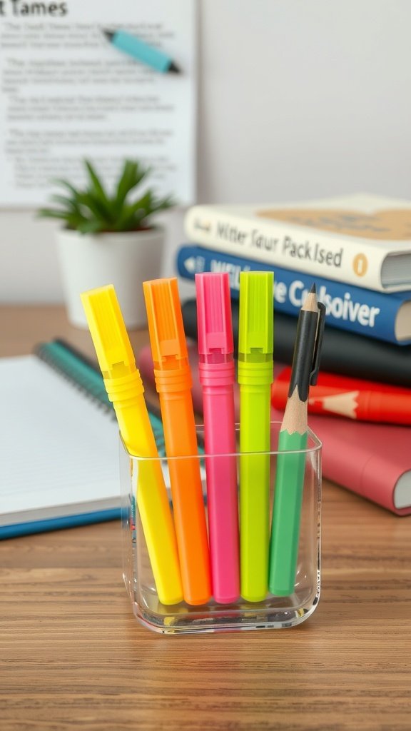 A collection of colorful plant-based highlighters in a clear container on a wooden desk.