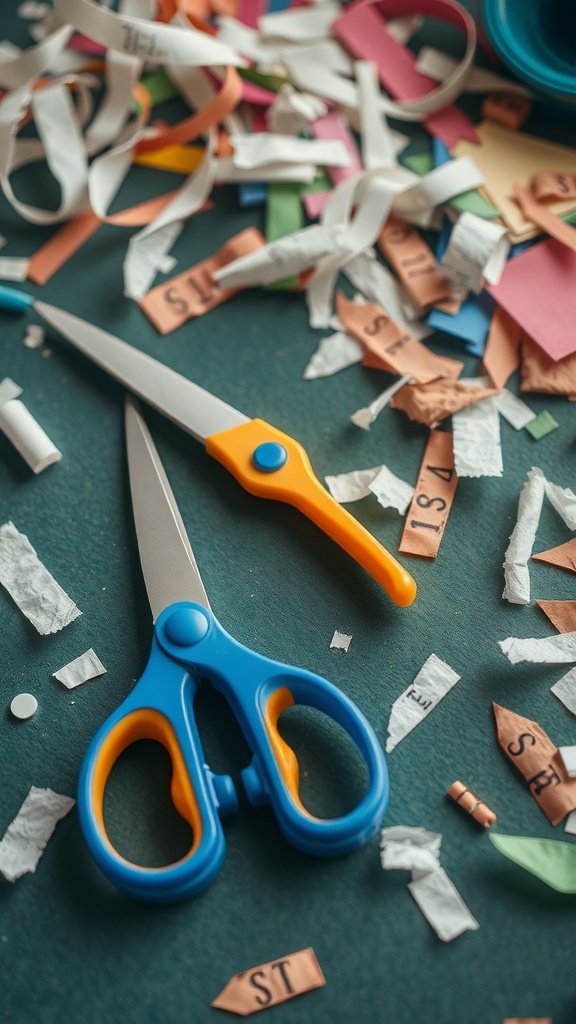 A pair of blue and orange scissors on a table surrounded by colorful paper scraps.