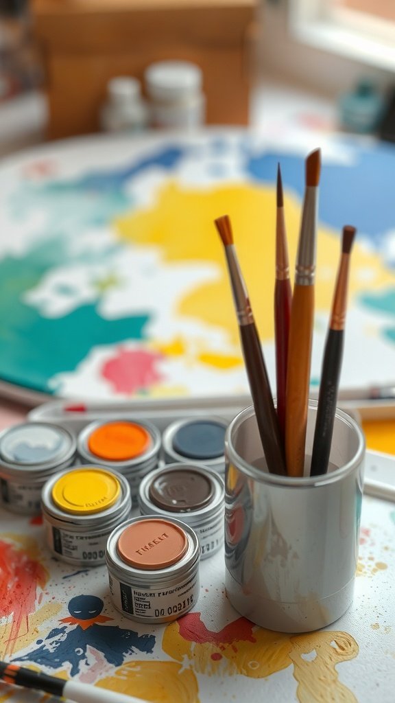 A collection of non-toxic paints and brushes on a colorful workspace.