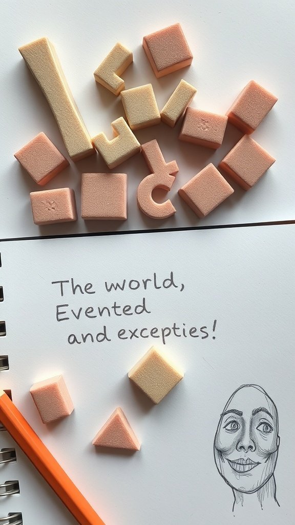 A collection of natural rubber erasers in various shapes and sizes on a sketchbook.