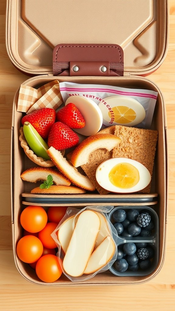 A green lunch box filled with healthy snacks, placed on a wooden table outdoors.