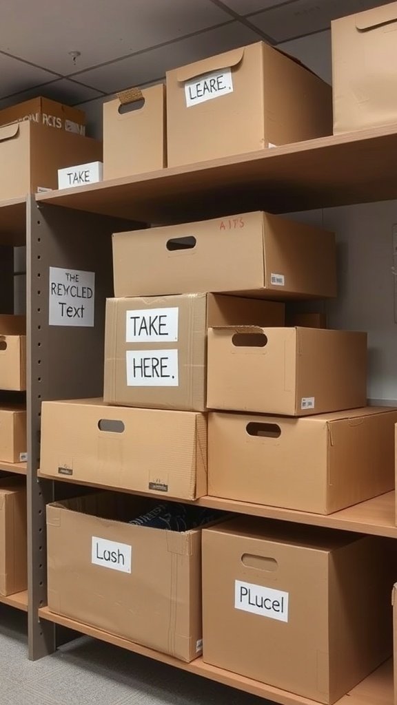 Shelves filled with recycled cardboard storage boxes labeled with various names.