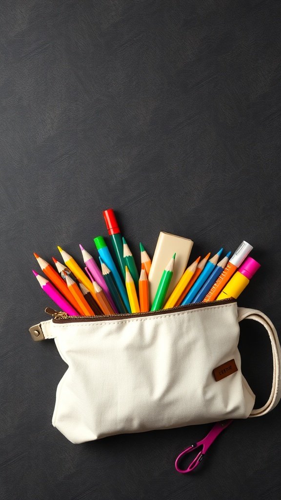 A white organic cotton pencil case filled with colorful pencils and markers.