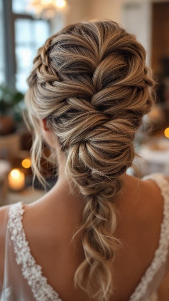 A stylish sleek braided ponytail updo, showcasing intricate braids and a polished finish.