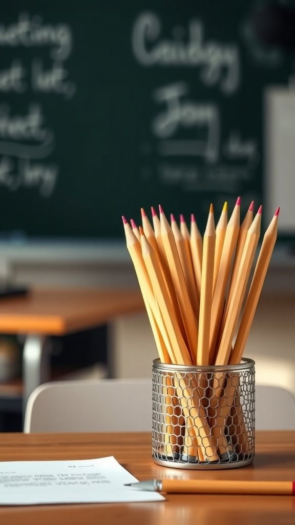 A container filled with bamboo pencils on a school desk, with a chalkboard in the background.