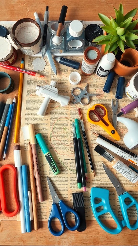 A variety of art supplies including scissors, markers, and paint on a wooden table.