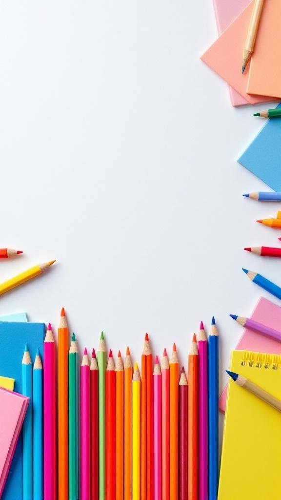Colorful school supplies including pencils, sticky notes, and notebooks arranged on a white background.