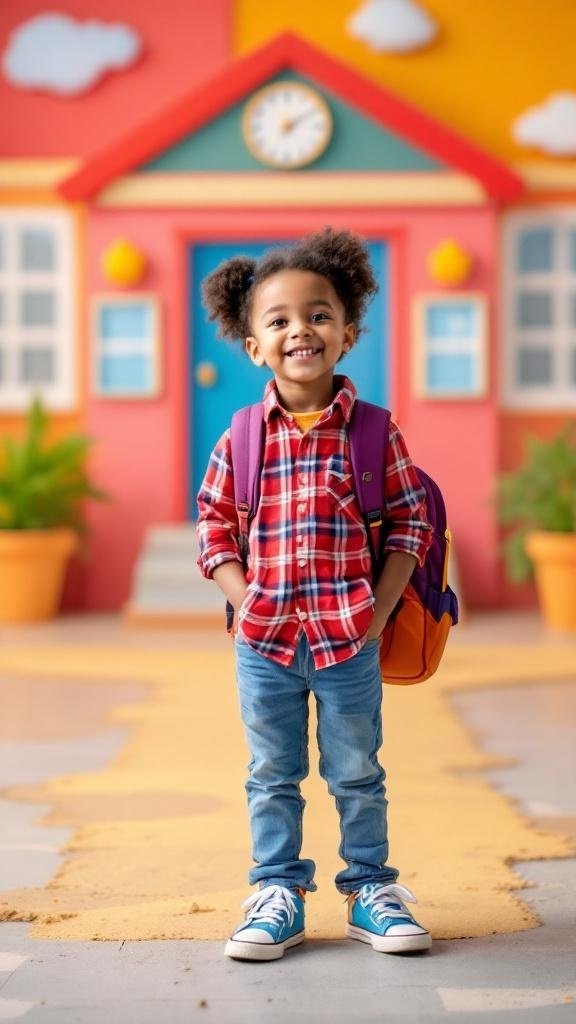 A smiling child in a plaid shirt and jeans, standing in front of a colorful school backdrop with a backpack.