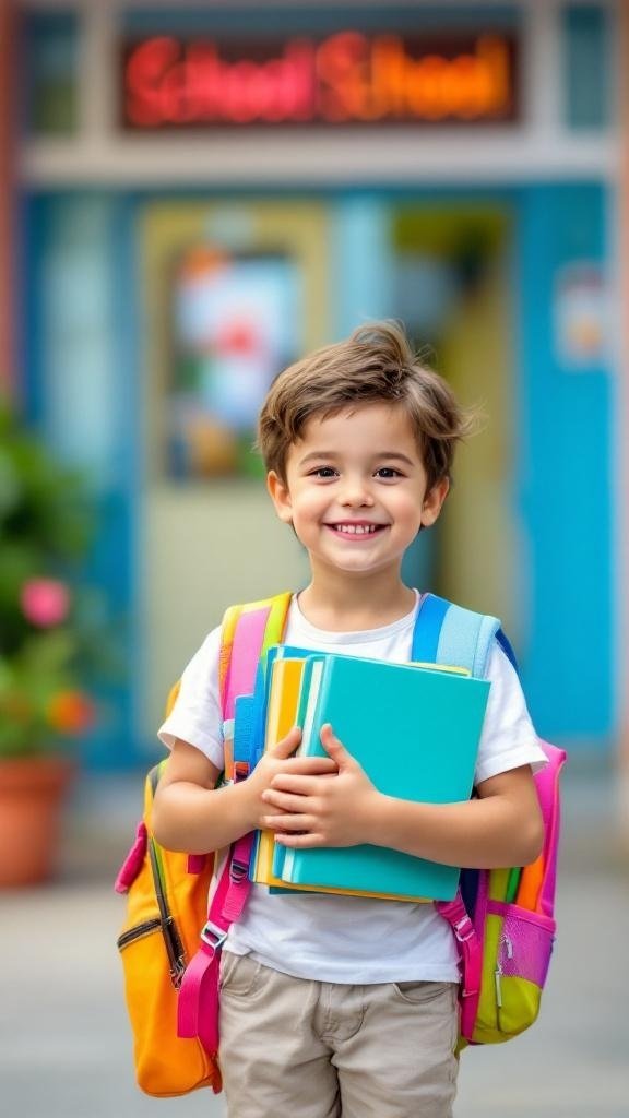 A young child with a backpack and books smiling in front of a school.