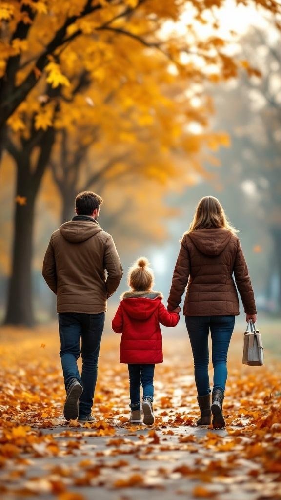 A family walking together on a path covered with autumn leaves, with a child in a red coat holding hands with parents.