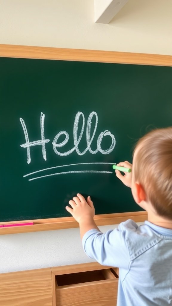 A child writing a colorful message on a chalkboard for the first day of school.