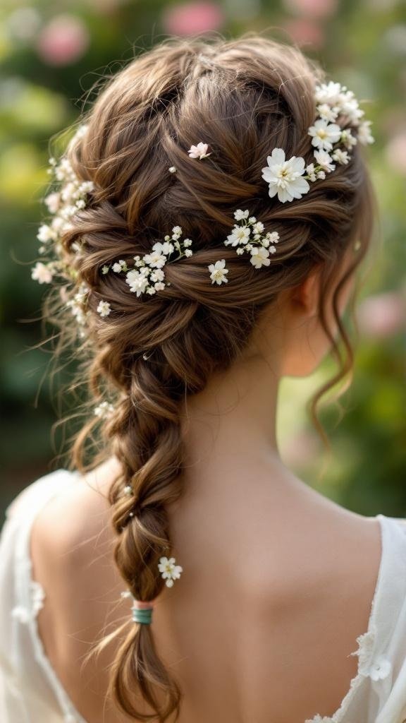 A beautiful intricate lace braid hairstyle adorned with small white flowers.
