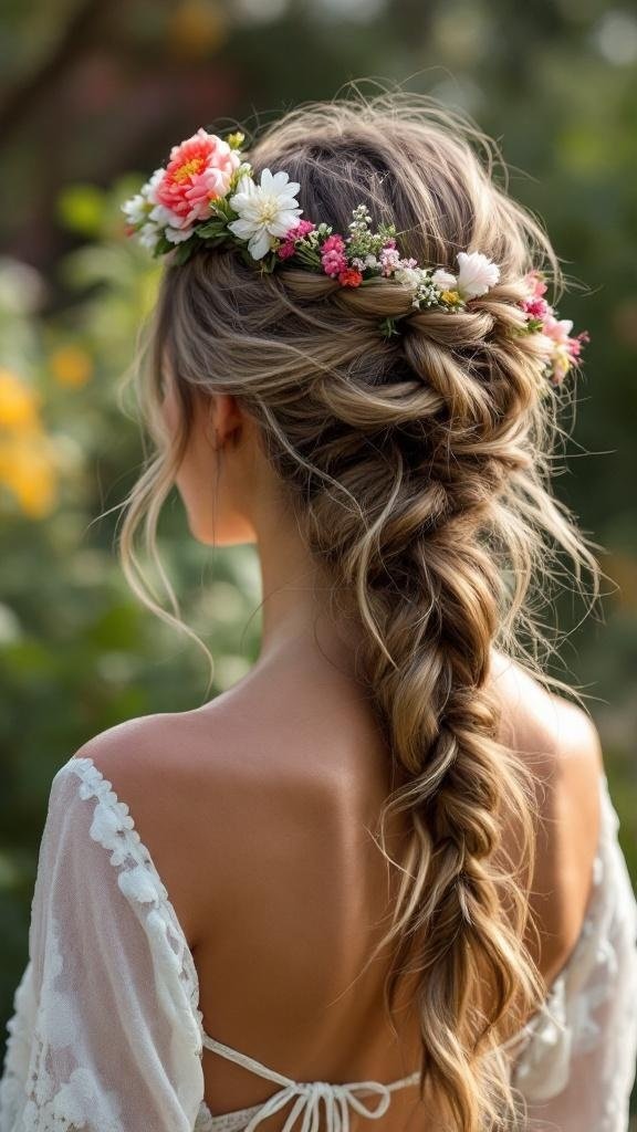 A woman with a bohemian loose braid adorned with flowers.