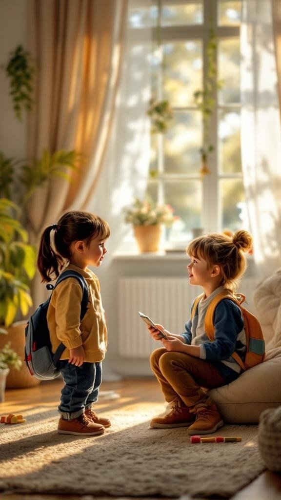 Two children having a conversation at home, preparing for the first day of school.