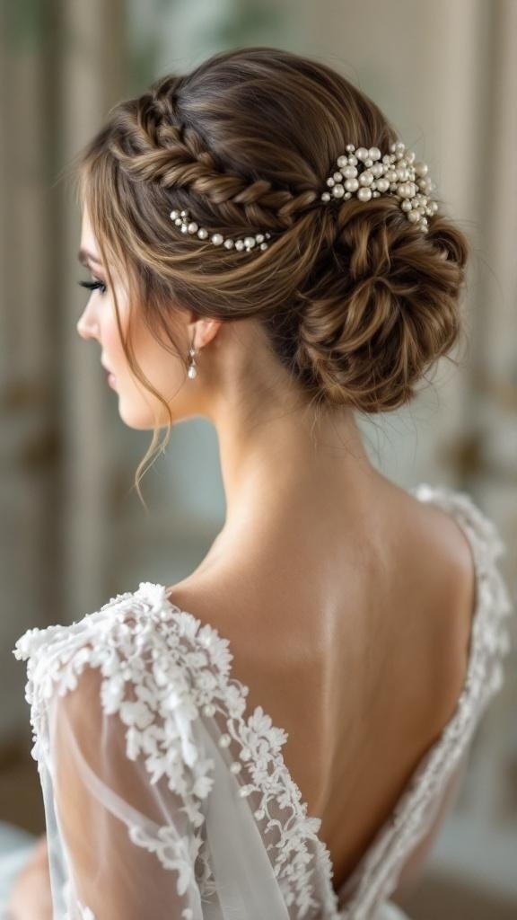 A woman with a classic French braid bun adorned with pearls, wearing a lace wedding dress.