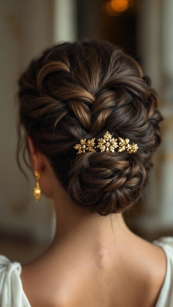 A beautiful Grecian braided updo hairstyle adorned with floral accessories.