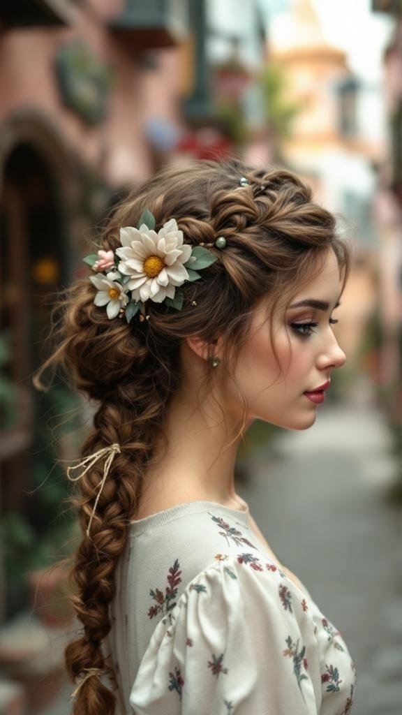 A vintage-inspired braided updo with flowers, showcasing a romantic hairstyle.