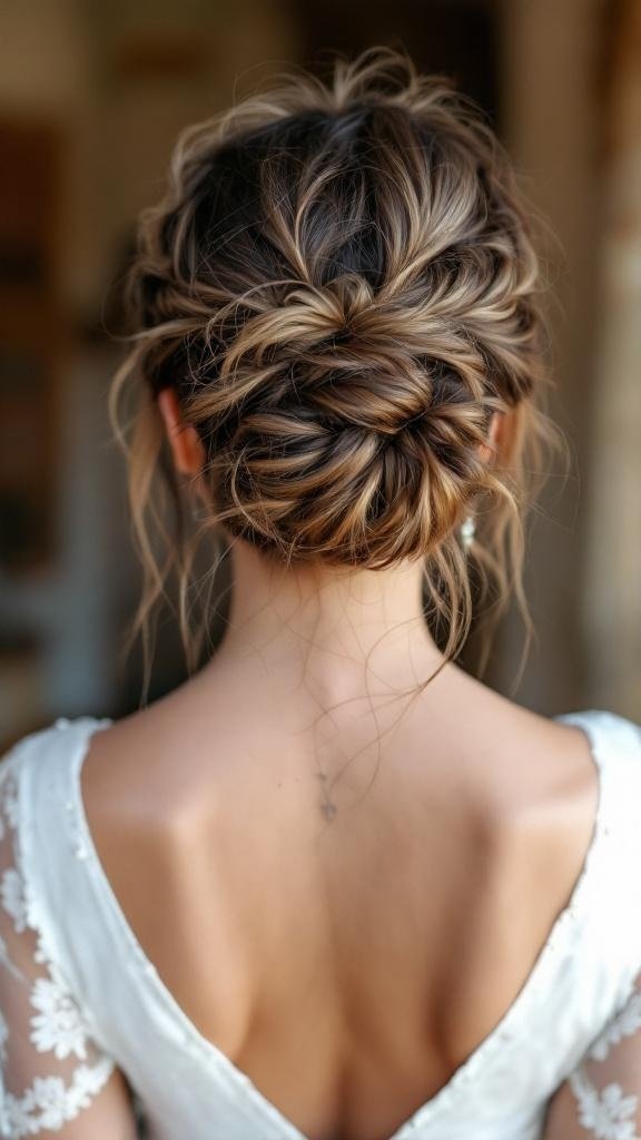 A messy bun hairstyle with braids, showcasing a relaxed yet elegant look.