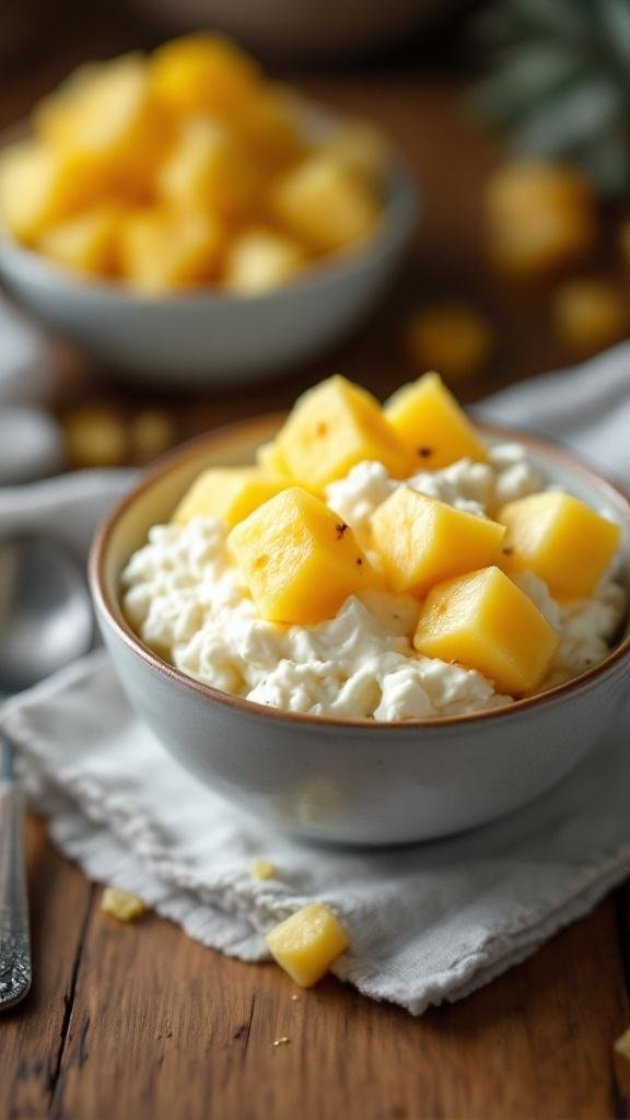 A bowl of cottage cheese topped with pineapple chunks on a wooden table.