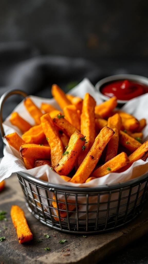 A basket of crispy sweet potato fries with a side of ketchup.