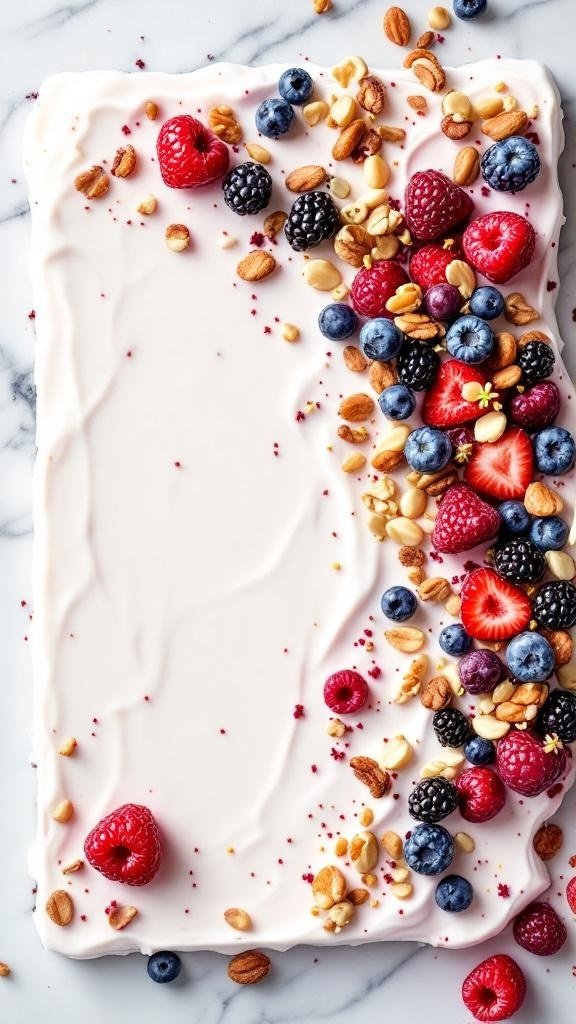 Frozen yogurt bark topped with berries and nuts on a marble surface.