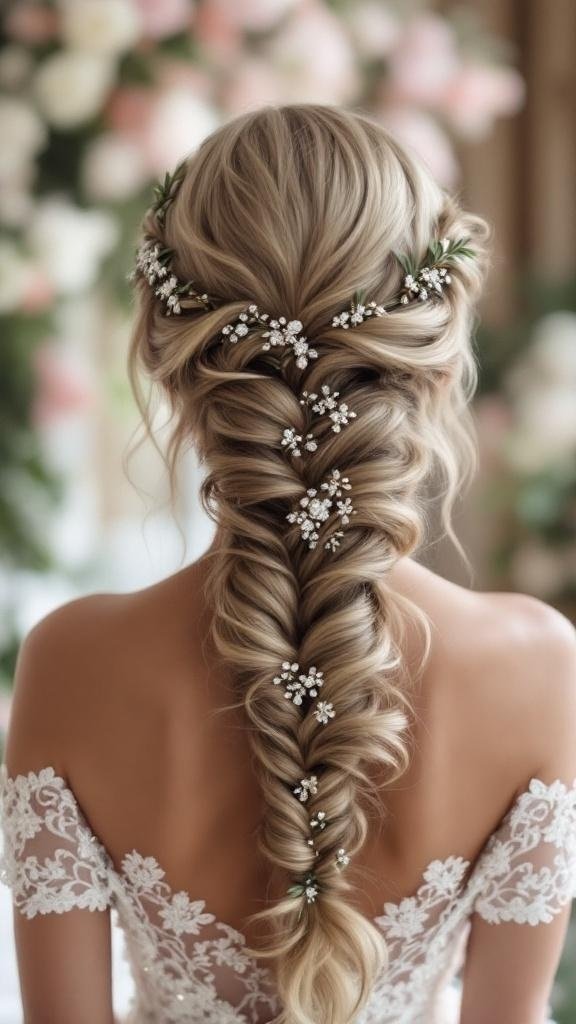 A beautiful cascading waterfall braid adorned with floral accessories.