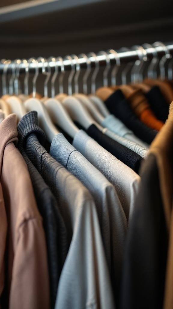 A close-up view of neatly hung clothing on slim hangers in a closet.