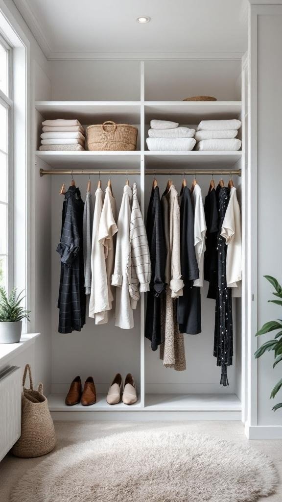 A neatly organized closet with shelves and hanging clothes.