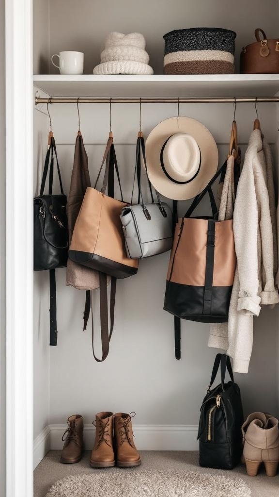 A well-organized closet featuring hooks and racks with bags, hats, and clothing.