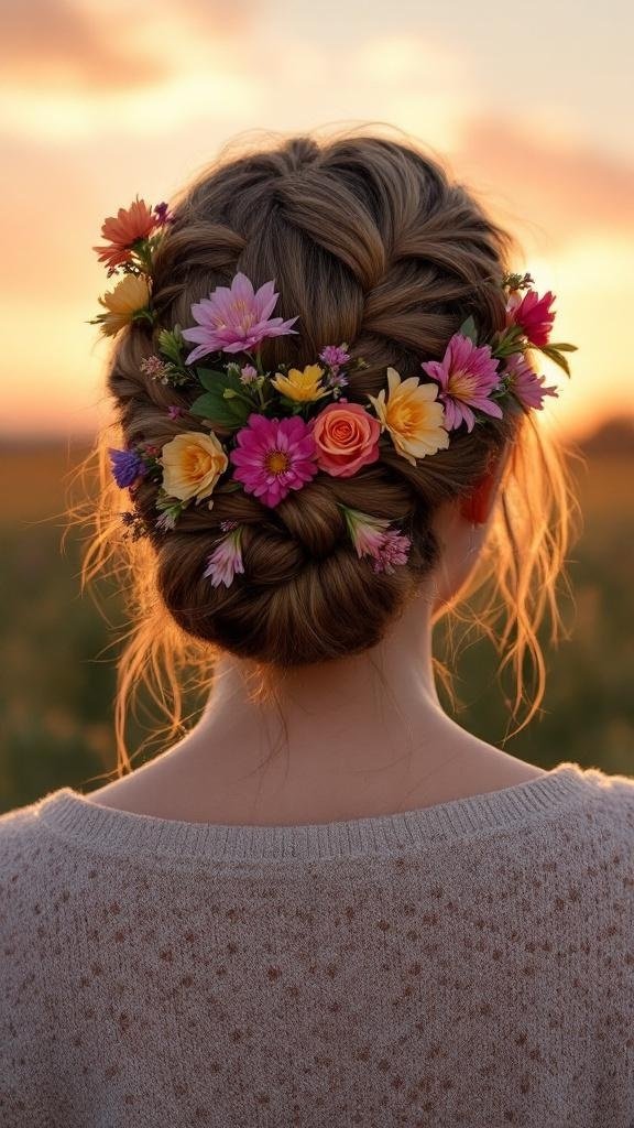 A woman with a floral-infused braided bun, showcasing colorful flowers in her hair against a sunset background.