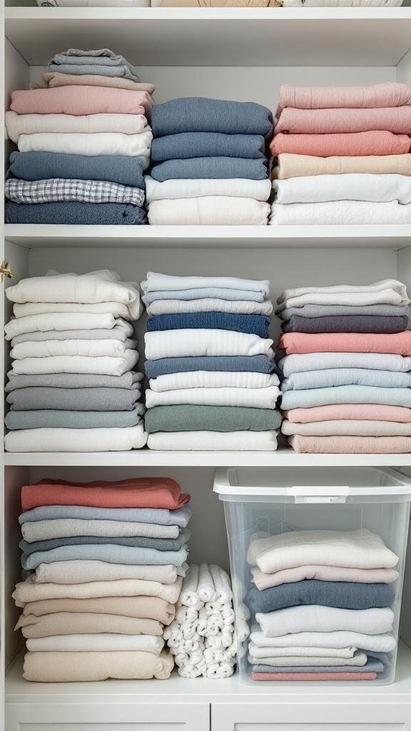 Organized closet with neatly folded clothes and clear storage bins